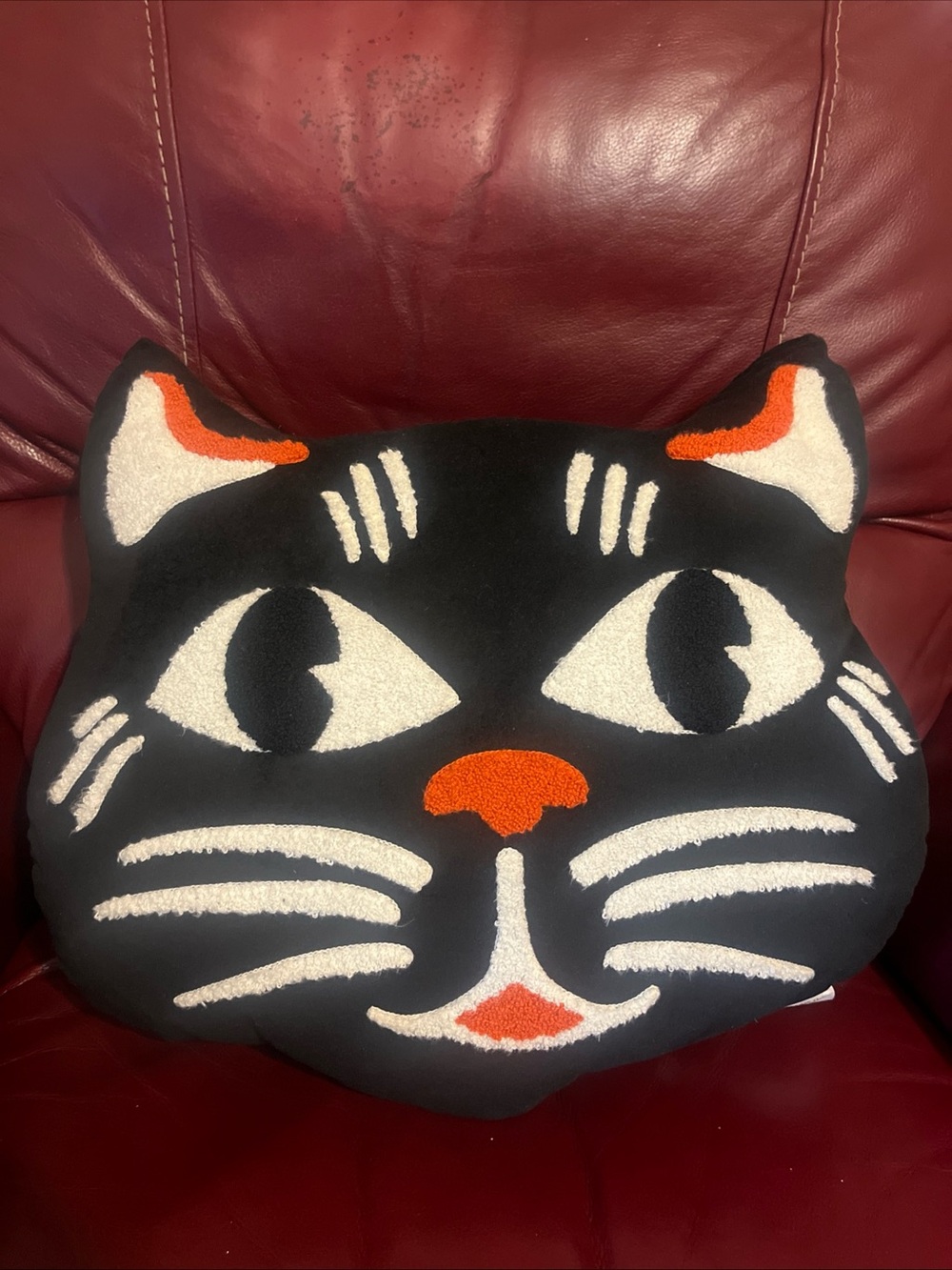 🔥 Black Scaredy Cat Face Humane Vintage Style Plush Throw Pillow Halloween Fall